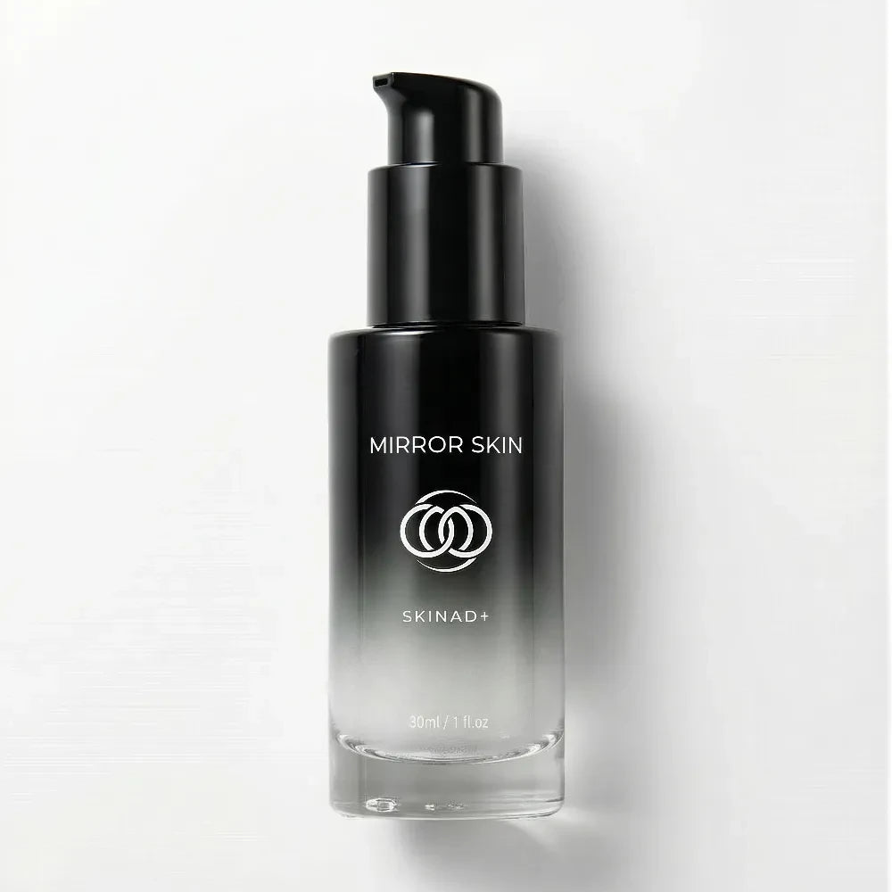 Black skincare bottle labeled 'Mirror Skin' on a white background