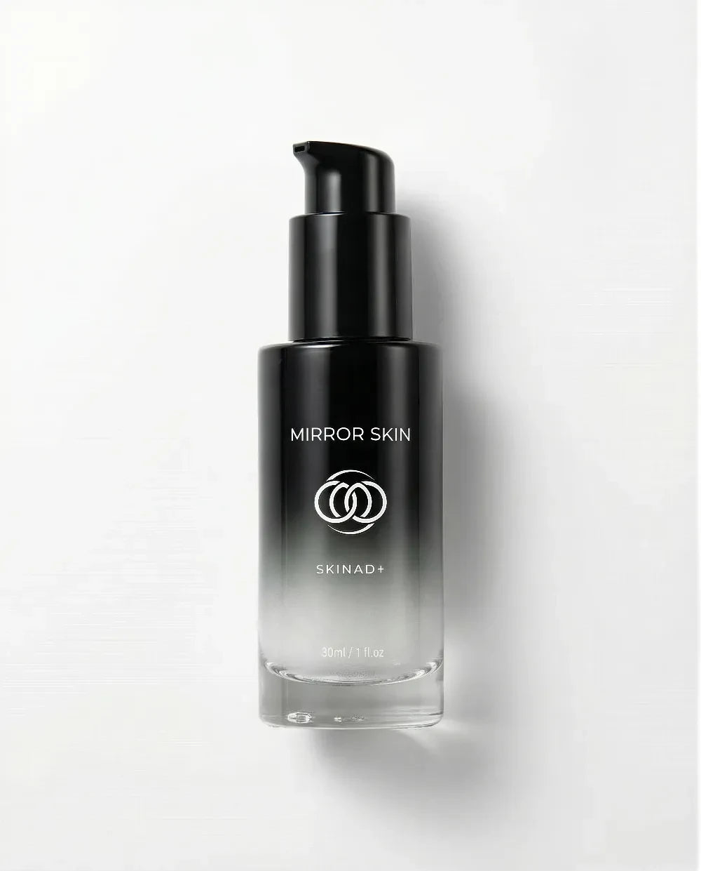 Black skincare bottle labeled 'Mirror Skin' on a white background
