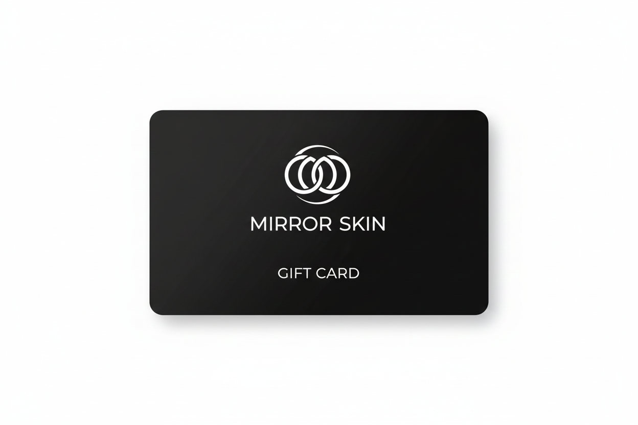 Black gift card with 'Mirror Skin' logo on a white background